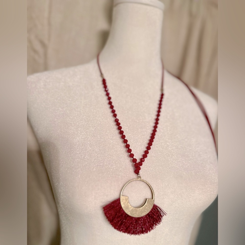It is Well Boutique Fan Tassel Burgundy & Gold Adjust. Leather Strap Necklace